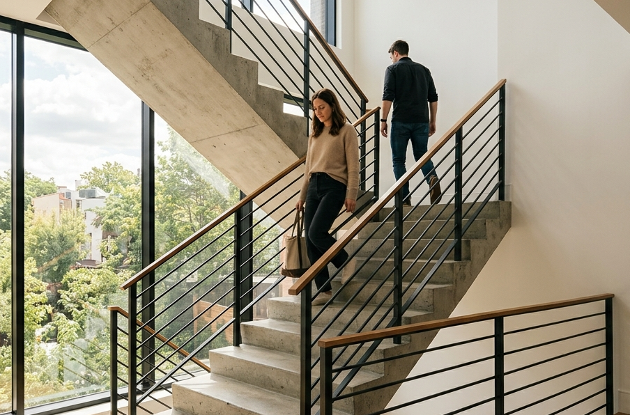 Scări într-un bloc modern cu lumină naturală