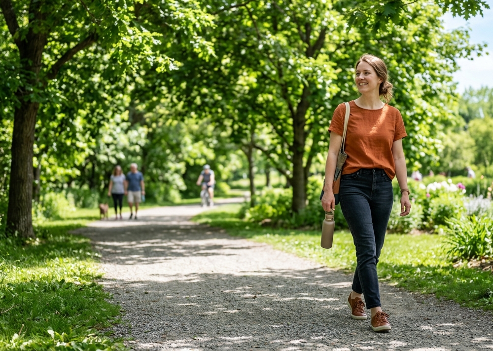 Plimbare activă într-un parc cu verdeață și poteci naturale